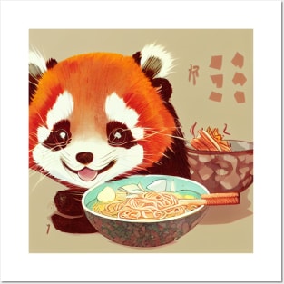 Kawaii Red Panda Eating Ramen Posters and Art